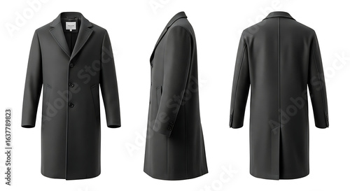 A versatile men's classic black overcoat mockup shown in front, side, and back views, perfect for apparel branding and design.