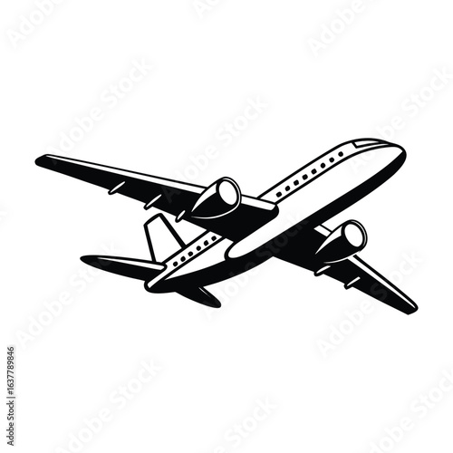 Black and white vector of a commercial airplane in flight with detailed wings and engines. Ideal for travel, aviation, or transportation designs.
