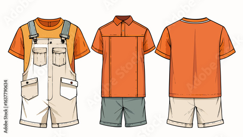 Very beautiful Short sleeve Basic T shirt overall technical fashion flat sketch vector illustration template front and back views. Apparel clothing mock up for men's and boys. white background