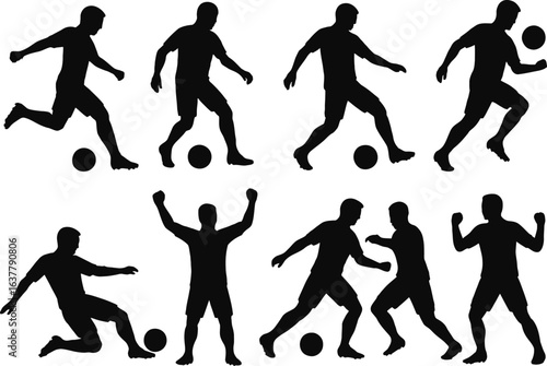 Wallpaper Mural Solid black silhouettes of football players in action: kicking, dribbling, passing, heading, tackling, and celebrating. 8-piece set collection, clean lines, on a white background. Torontodigital.ca