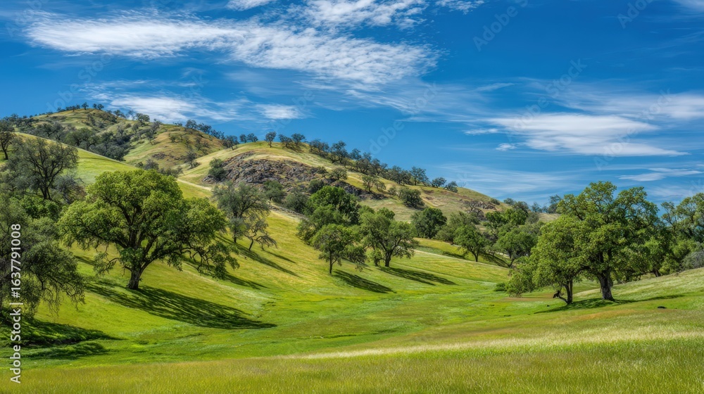 Fototapeta premium Rolling Green Hills Landscape with Oak Trees and Blue Sky in Northern California