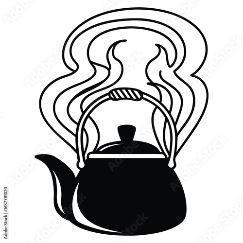 Black and white vector of a steaming teapot with a curved handle and spout, surrounded by swirling vapor. Perfect for kitchen or tea-themed designs.