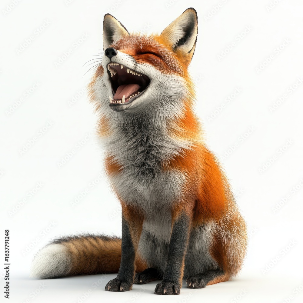 Obraz premium Realistic fox displaying joyful expression with open mouth and vibrant fur details in a playful pose against a white backdrop
