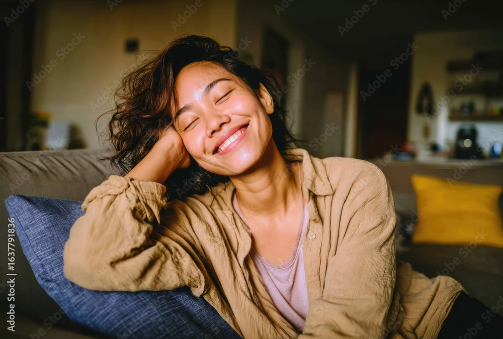 Obraz premium Joyful woman is relaxing on sofa at home, smiling with her eyes closed, radiating happiness and contentment in cozy living space