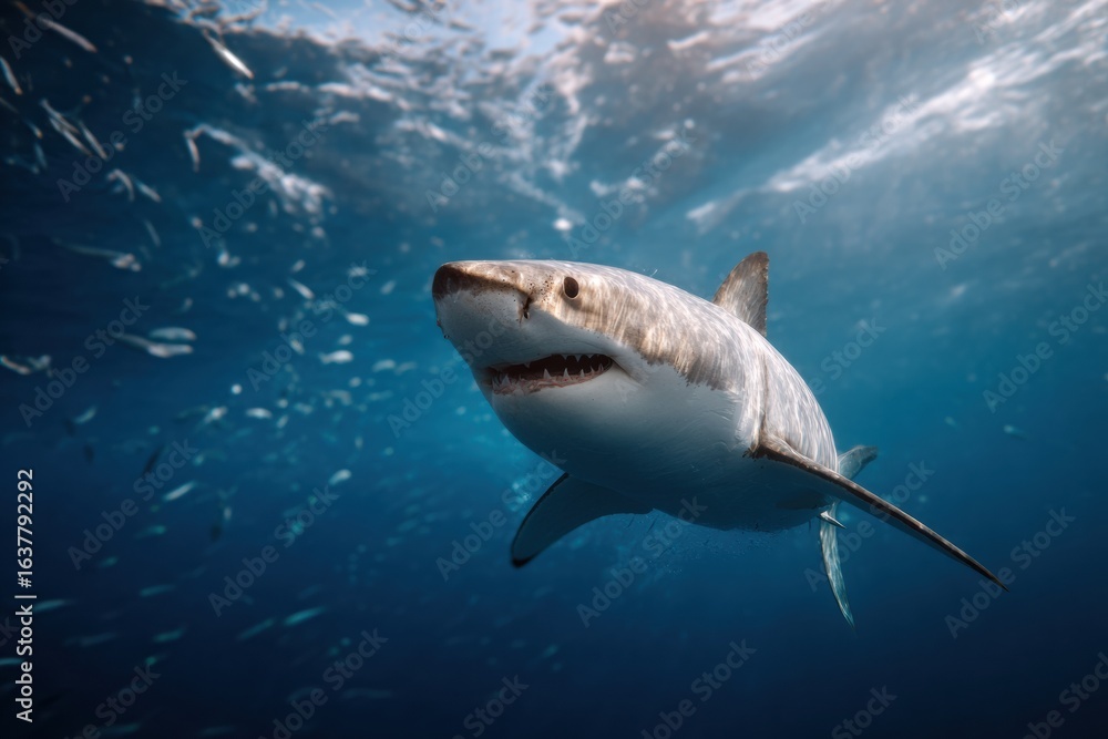 Fototapeta premium Photo of adult male great white shark swimming gracefully in clear blue water, surrounded by small fish, showcasing its powerful presence and beauty in ocean