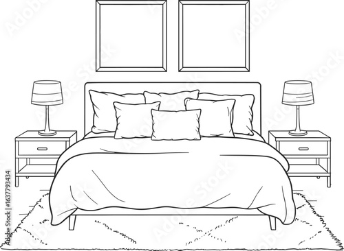 a bedroom interior, featuring a bed with pillows, nightstands, lamps, and a rug, a cozy vector illustration for design and decor.