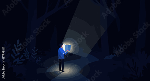 A man standing in a dark forest holding a glowing book, with light illuminating his surroundings, symbolizing faith and guidance.