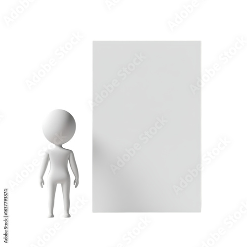 Small white 3d figure standing next to a large white rectangular panel