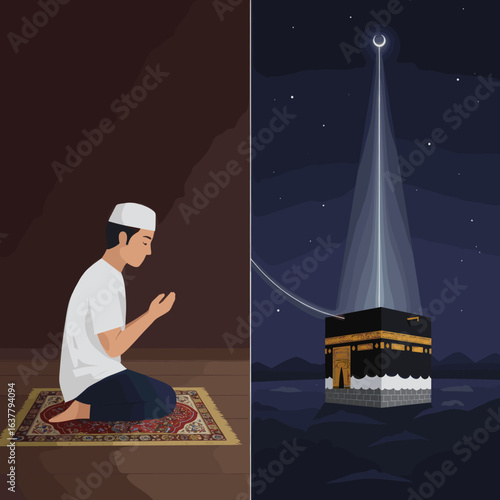 A person is shown praying on a mat, with the Kaaba in Mecca illuminated in the background, highlighting the spiritual journey of a Muslim.