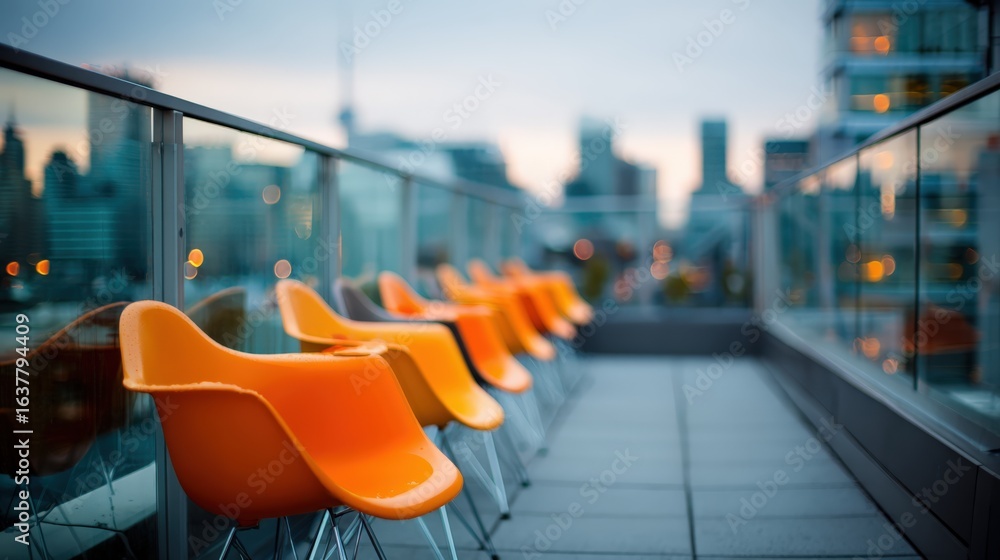 Obraz premium Modern Rooftop Patio Featuring Orange Chairs Overlooking a City Skyline at Dusk, Creating an Inviting Atmosphere