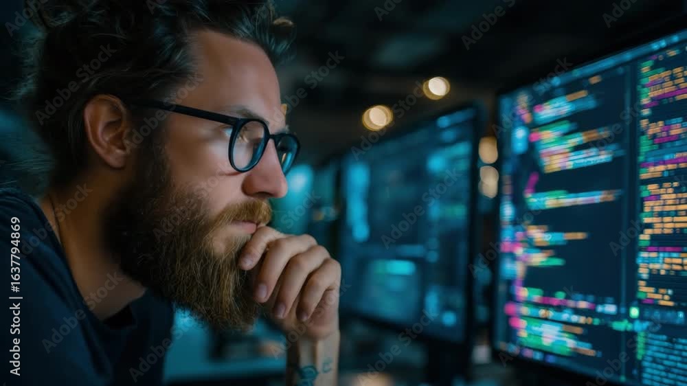 Focused Software Developer Writing Code on Dual Monitors at Night Focused Software Developer Writing Code on Dual Monitors at Night
