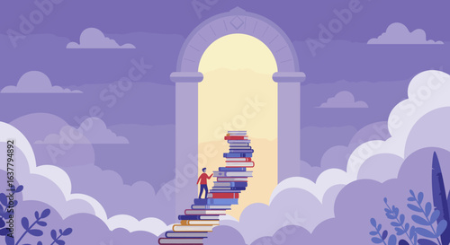  A person climbs a staircase made of books, symbolizing personal growth, education, and striving for knowledge.