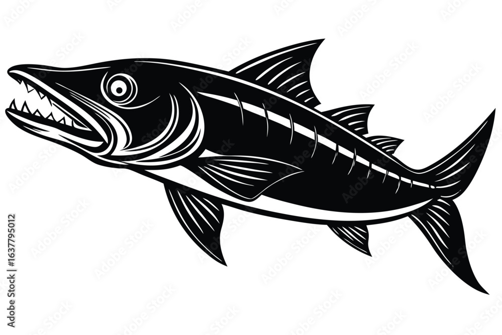 Fototapeta premium barracuda exhibits sharp teeth and fins in an aggressive black and white monochrome style
