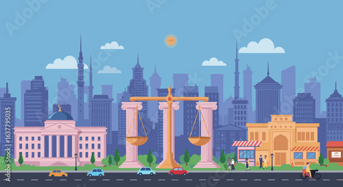 A detailed city illustration showing a courthouse, a mosque, and various modern and classical buildings, with people and cars on the street.