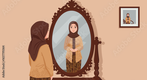 traditional Indonesian attire, one wearing a crown and the other in modest clothing with a hijab, symbolizing cultural diversity.