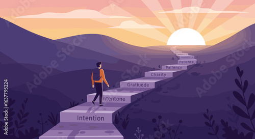  A person climbs a staircase made of books, symbolizing personal growth, education, and striving for knowledge.