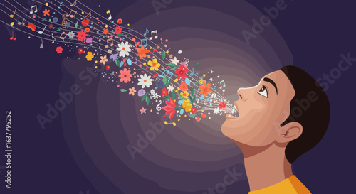 A man singing or speaking creatively, with colorful flowers and musical notes flowing from his mouth, symbolizing art and expression.