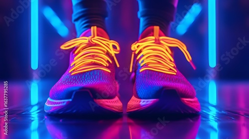 
Pink and Blue Running Shoes with Neon Yellow Laces and a Futuristic Neon Background