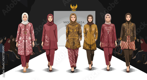 traditional Indonesian attire, one wearing a crown and the other in modest clothing with a hijab, symbolizing cultural diversity.