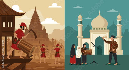 contrasts two cultural practices, with a person playing traditional
