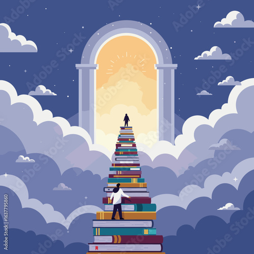  A person climbs a staircase made of books, symbolizing personal growth, education, and striving for knowledge.
