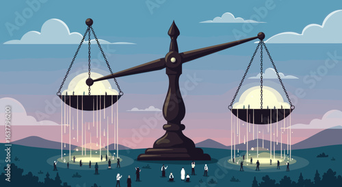 A huge weighing scale in a scenic landscape, with glowing light in each pan and tiny people below, symbolizing justice and balance.