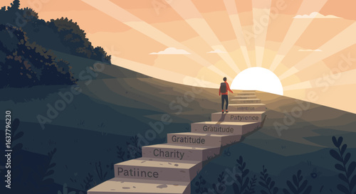 A person walks up stairs with words like gratitude, patience, and intention, signifying a spiritual and life journey towards enlightenment.