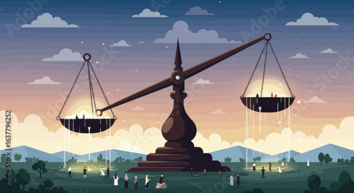A huge weighing scale in a scenic landscape, with glowing light in each pan and tiny people below, symbolizing justice and balance.