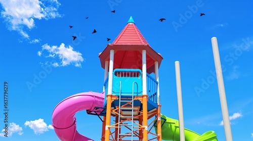 Colorful Playground Tower with Slides and Bright Sky