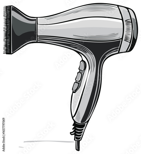 A professional salon hairdryer with a styling comb attachment in a classic graphic illustration style