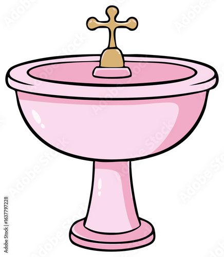 Cartoon Pink Baptismal Font for Holy Water with Golden Cross Decoration