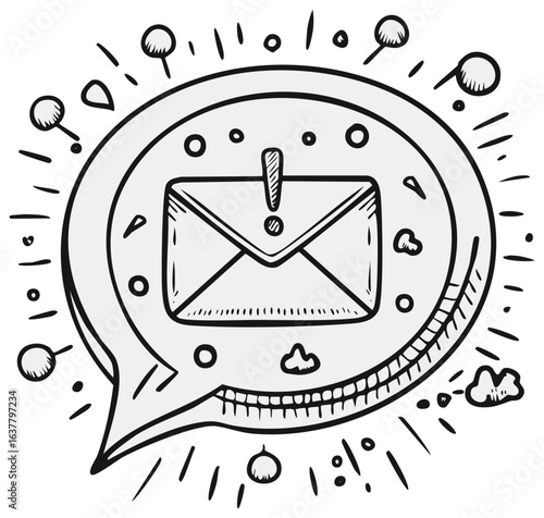 New Mail Sketch Notification Concept Message Bubble with Envelope and Exclamation Mark Icon