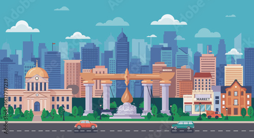 A detailed city illustration showing a courthouse, a mosque, and various modern and classical buildings, with people and cars on the street.