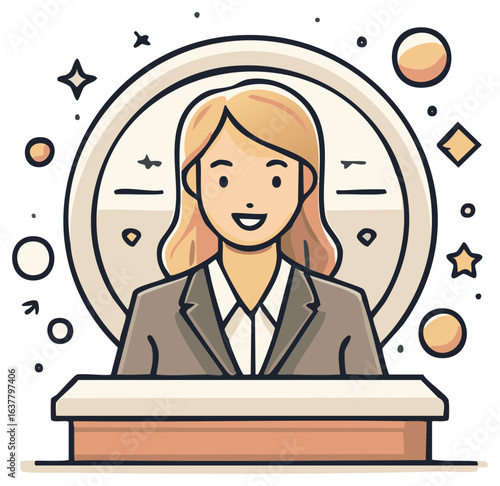 Cartoon Woman Speaking at Podium with Decorative Elements