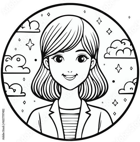 Cartoon style female character with jacket clouds and stars in circle