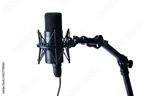Professional studio microphone on a boom arm against a black background