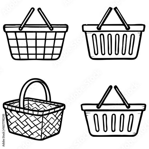 Hand-Drawn Black and White Shopping Basket Set – Retail and Grocery Market Doodle Icons