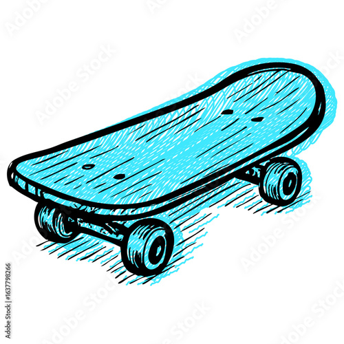  Blue Wooden Skateboard with Black Wheels – Hand-Drawn Urban Sports Equipment Sketch
