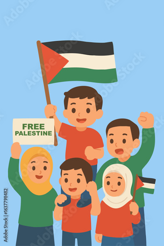 People and Children Holding Palestine Flags and Signs in Peaceful Protest for Freedom and Solidarity