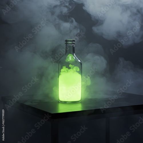 Vibrant green glow from a clear glass bottle, with bubbling liquid and swirling smoke. Scientific experiment, potent magic, or a captivating chemical reaction in a dark environment