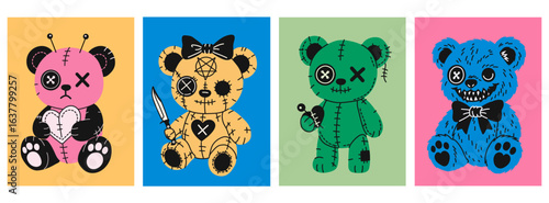 Halloween Plush Bear Characters with Stitches and Buttons