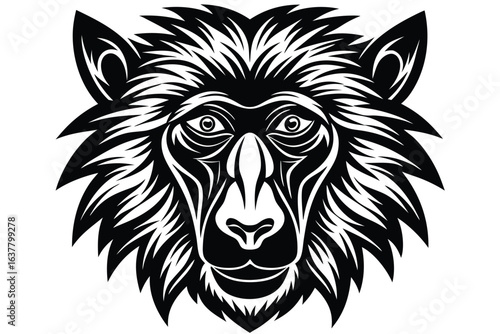 A stylized black tribal baboon head stare down faces forward in a symmetrical design