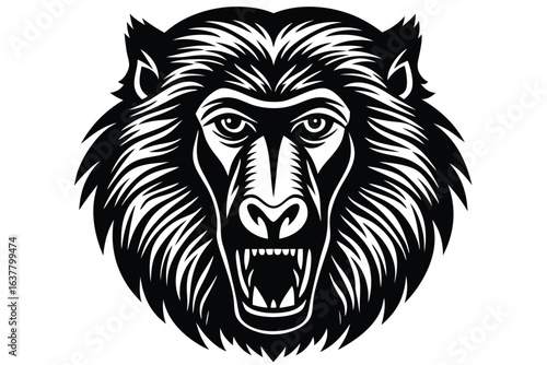 Fierce monochrome beast head showing teeth aggressively looks threatening in an abstract, view