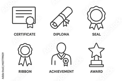 Certificate, diploma, seal, ribbon, achievement, award icons