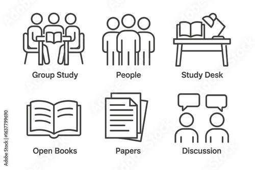 Educational icons illustrating study groups, study desks, open books, papers, and discussions