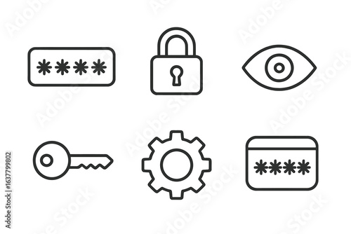 Password security icons: lock, eye, key, gear, security elements