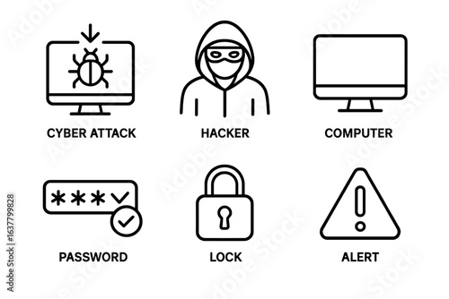 Cybersecurity icons featuring hacker, cyber attack, password, lock, computer, alert