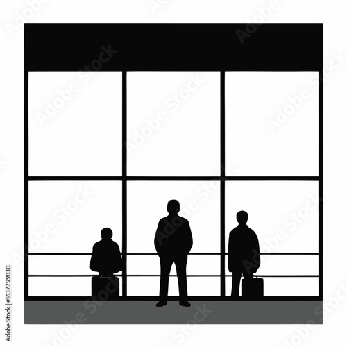 Silhouette of three individuals waiting by a large window, minimalist style, conveying a sense of anticipation and quiet contemplation in a modern setting.