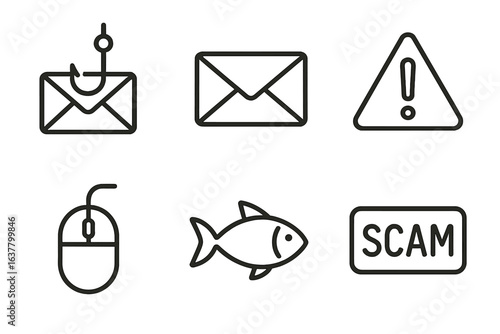 Cybersecurity warning icons: phishing, email, scam alert symbols for online safety