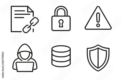Icon set representing cybersecurity elements with lock, database, and shield symbols